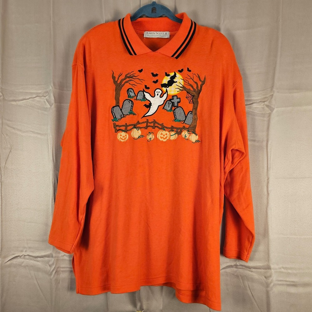 Vintage Karen Scott II Orange Embroidered‎ Halloween Sweater 2X Graveyard Ghost